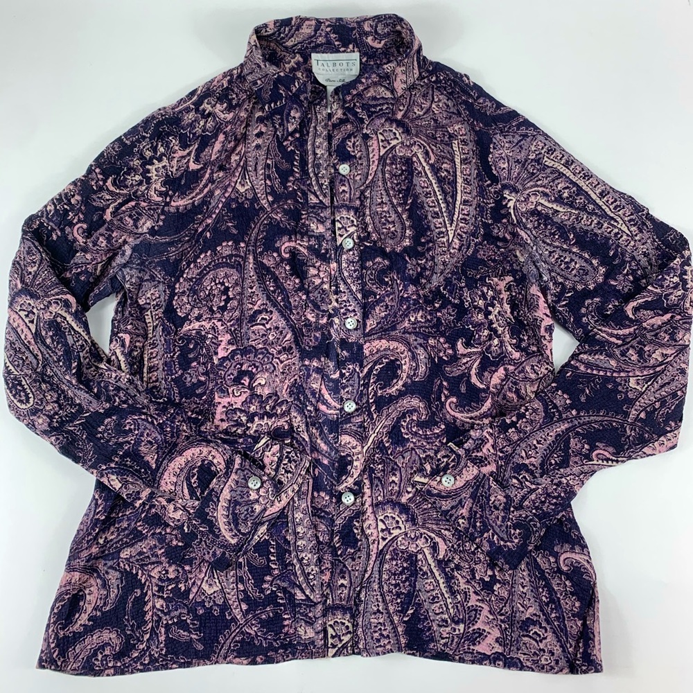 Talbots Pure Silk Button Down Shirt Size 4 Paisley